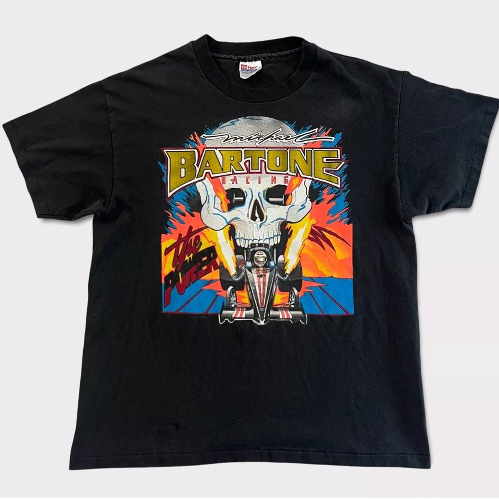Vintage 90s Michael Bartone NHRA Drag Racing Team Skull Tshirt Size L Black EUC